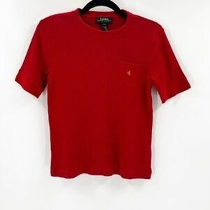 Lauren Ralph Lauren Petite Red Ribbed Pocket T Shirt Size P S Cotton